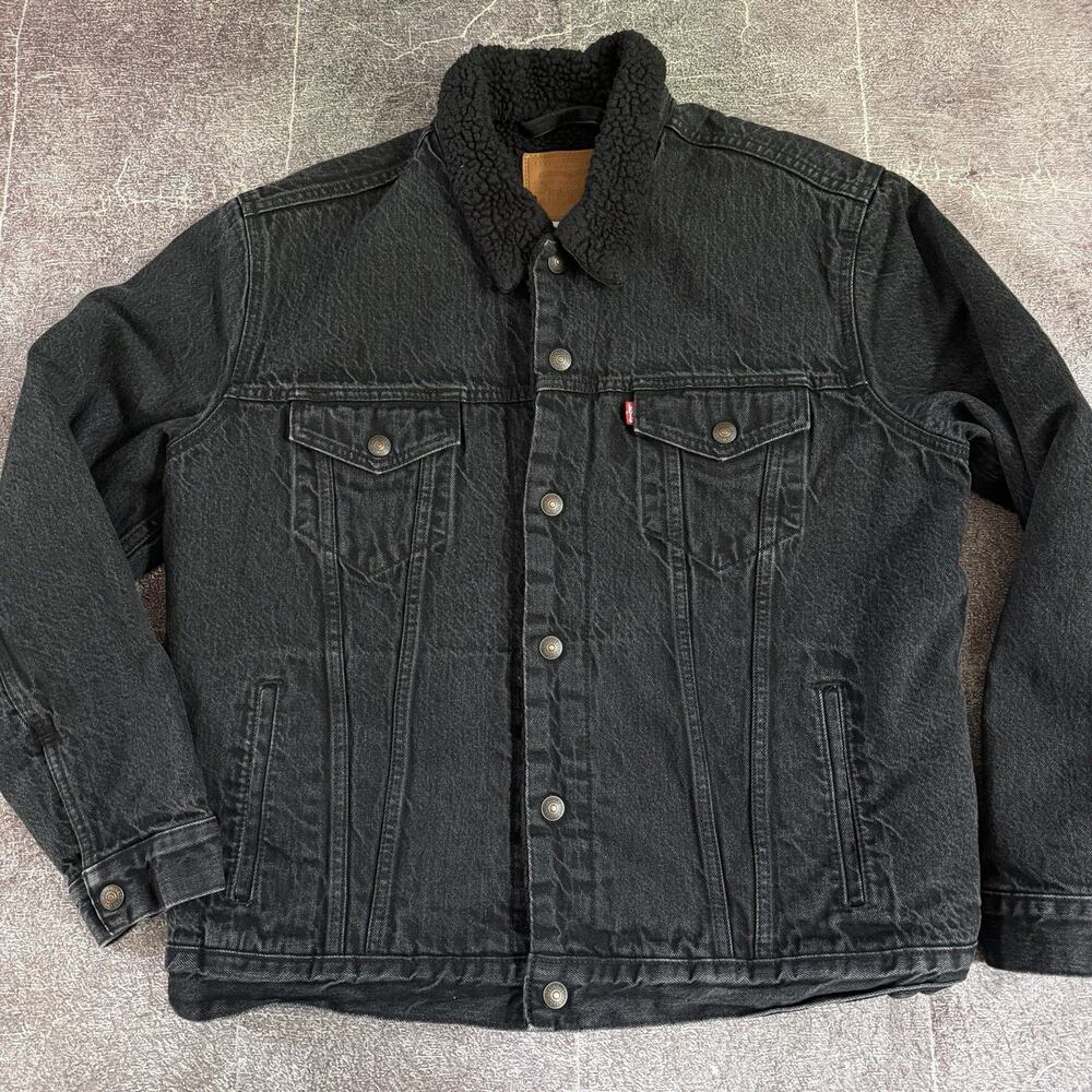 Men's Levi's Premium Big E Sherpa Lined Black Denim Trucker Jean Jacket Sz Large